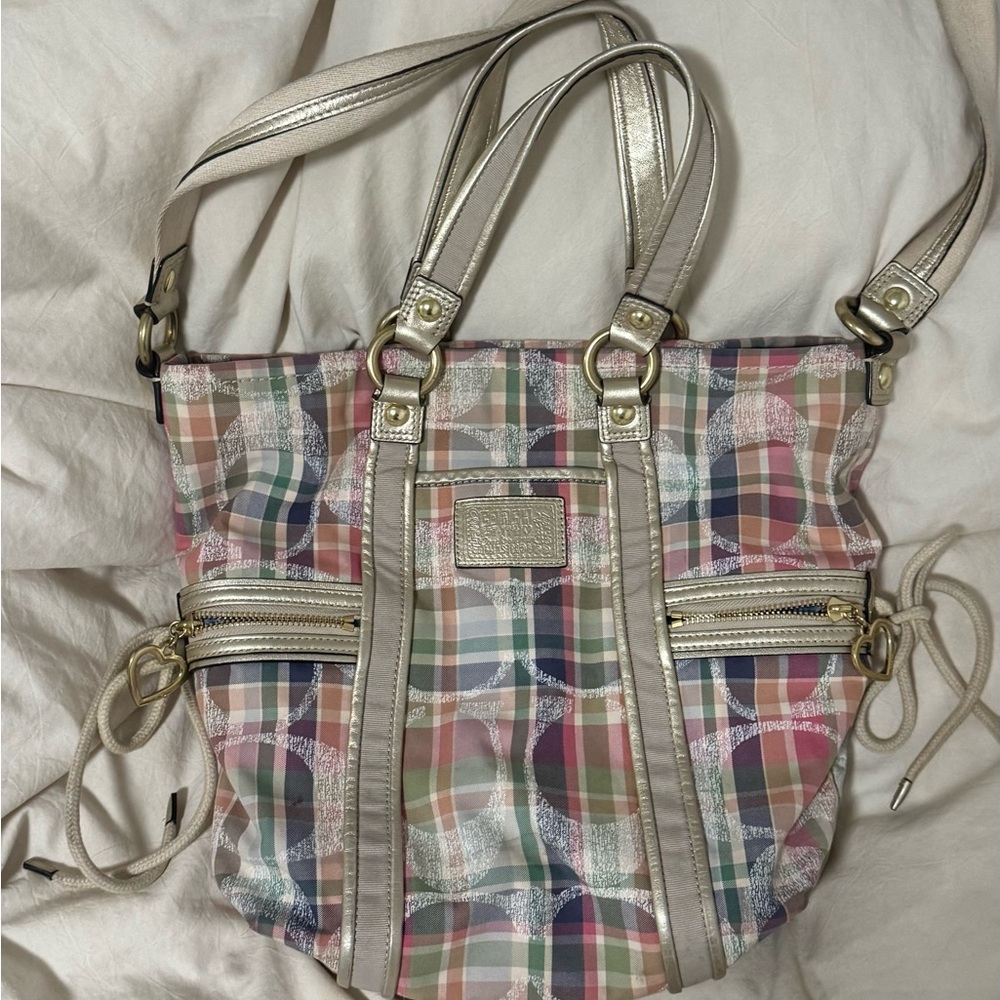 Coach Plaid Satchel with Metallic Accents